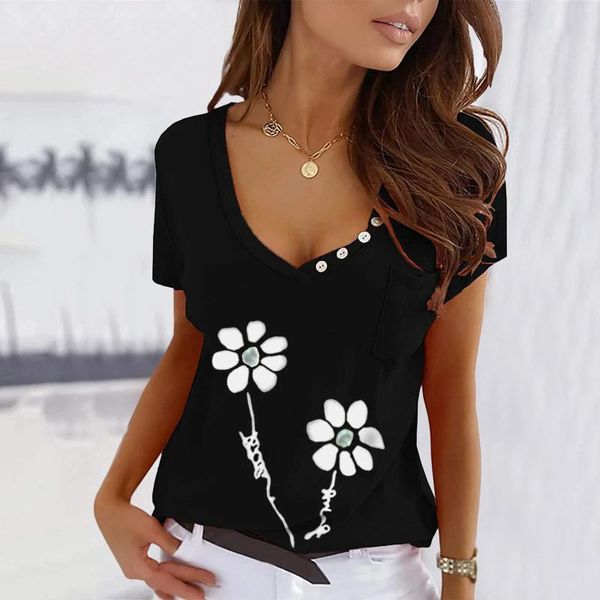 Женские блузки, футболка с коротким рукавом для женщин, плиссированная летняя блузка с v-образным вырезом, повседневная свободная туника с принтом