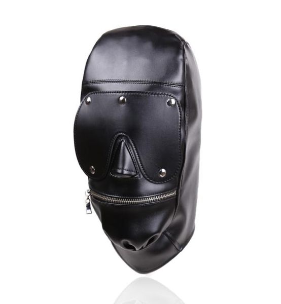 Nuovo design Bondage Gear Hood Imbracatura per museruola con cuscinetto per gli occhi staccabile Maschera in pelle nera con cerniera sulla bocca Fetish Sex Toy Gimp B06726928