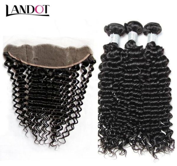 Fechamentos frontais de renda com 3 pacotes brasileiro encaracolado virgem cabelo humano tece peruano malaio indiano mongol profundo jerry curl 8659163