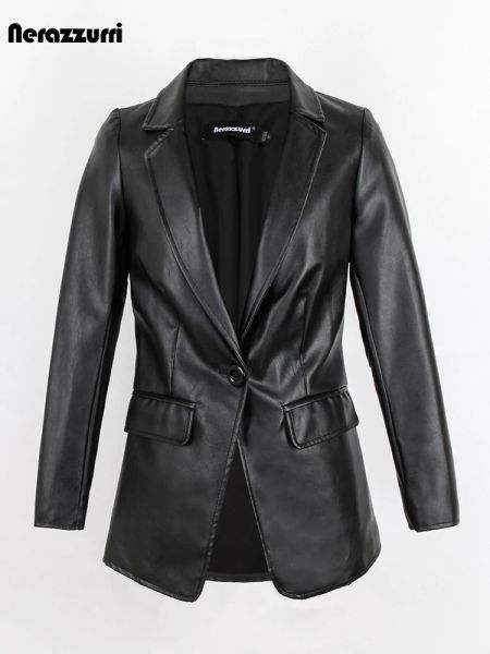 Jaquetas nerazurri primavera outono preto cabido blazer de couro macio feminino único botão jaquetas de couro do plutônio para mulher 2023 estilo de moda