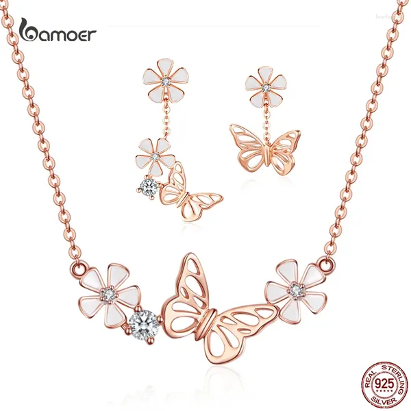 Colares de pingente Bamoer 925 prata esterlina deslumbrante borboleta orelha studs colar terno rosa k ouro para mulheres luxo elegante zircon jóias