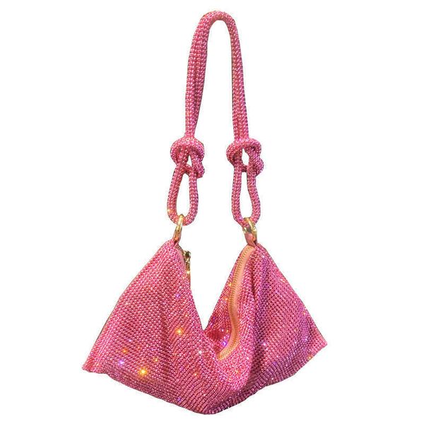 Bolsa de ombro com strass, bolsa nas axilas com enfeites de diamante rosa, socialite temperamento, bolsa de ombro feminina