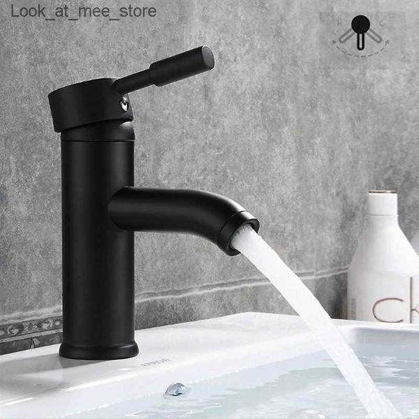 Banyo lavabo musluklar siyah banyo havzası musluk 304 paslanmaz çelik karışık sıcak ve soğuk banyo musluk dairesel tek delik musluk Q240301