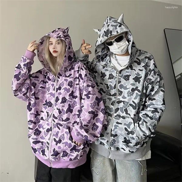 Hoodies masculinos unissex casacos zip-up impressão 2024 casal fantasma bolso frontal com capuz moletom masculino harajuku feminino moletom solto