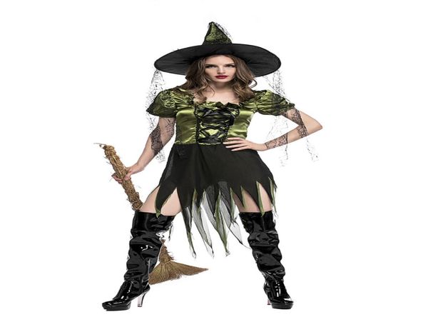 Sexy grünes erwachsenes Hexe-Magier-Cosplay-Kleid-Frauen-Fantasie-Halloween-Kostüm-unregelmäßiges gotisches Kleid mit Hut8491633