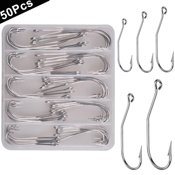 Fishhooks 50pcs Paslanmaz çelik metal jig balıkçılık kanca uzun saplı ofset fishhooks tuzlu su trolling çizgili bas yem teçhizat kancaları kiti