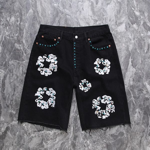 Designer de luxo dos homens shorts jeans 2024 novo estilo jean flor diamante denim shortpants magro dos homens denim rua hip hop