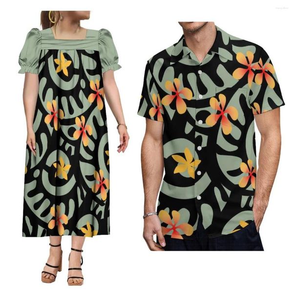 Freizeitkleider Unterstützen Sie Ihr Design Micronesia Tribe Lady Puffärmelkleid Mumu mit Herren Aloha-Hemd Polynesisches Paar