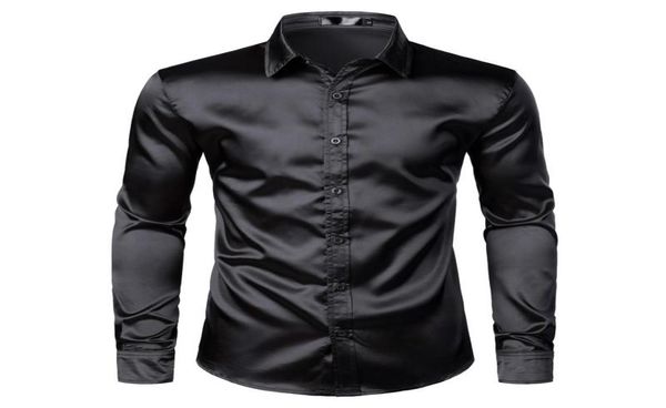 Men039s Schwarz Satin Luxus Kleid Shirts 2021 Seide Glatte Männer Smoking Hemd Slim Fit Hochzeit Party Prom Casual Chemise Homme9924398