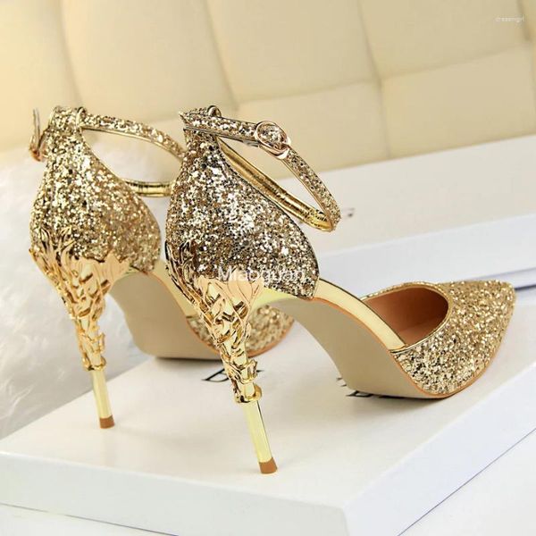 Kleid Schuhe 2024 Sexy Frauen 7,5 cm 9,5 cm High Heels Sandalen Hochzeit Metall Strap Stiletto Braut Glitter Gold Pumps lässig