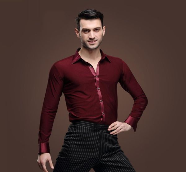 2016 Bordeaux homem camisa de dança latina masculina mangas compridas samba lumba dança adulto roupas de dança moderna Vinho tinto dança latina top9362277