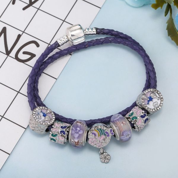 Bracciale stile di lusso viola Braccialetti in corda di cuoio a doppio anello Braccialetti con ciondolo in rilievo margherita smaltata femminile Commercio all'ingrosso classico di gioielli fai da te