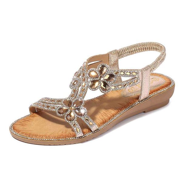 Yichornchen Sandali piatti da donna con cinturino a forma di T e fiori con perline e diamanti, scarpe da spiaggia