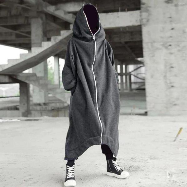 Hoodies masculinos cor sólida outerwear personalidade escuro corpo inteiro manga comprida zíper jaqueta com capuz