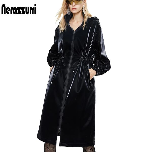 Nerazzurri longo preto quente oversized brilhante couro trench coat para mulher manga longa zip up outono moda blusão 240228