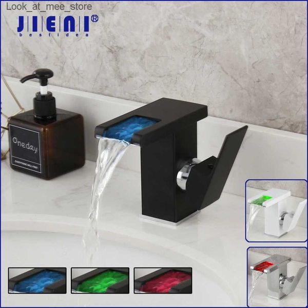 Badezimmer-Waschtischarmaturen JIENI LED-Wasserfall-Badewannen-Wasserhahn, Waschbecken-Mischer-Wasserhahn, weiß und schwarz, an Deck montierter Waschbecken-Wasserhahn aus massivem Messing Q240301