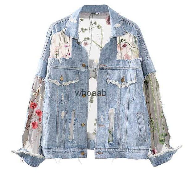 Jaquetas femininas streetwear denim casaco de renda para o verão bordado flor costura malha protetor solar jeans 240301