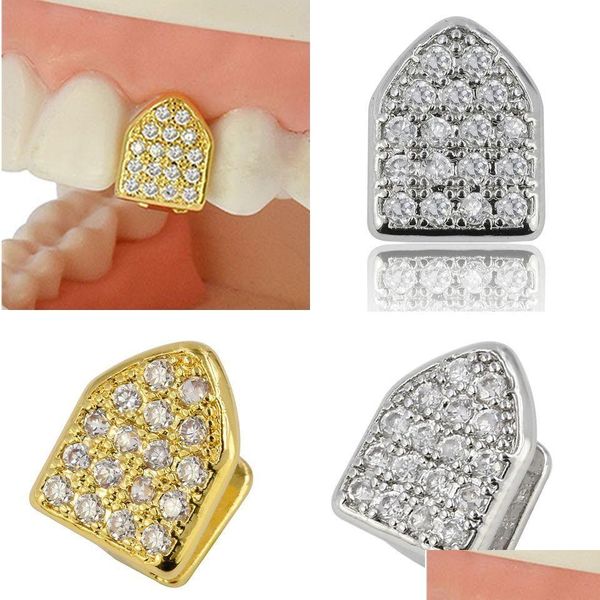 Grillz Dental Grills Grillz 18 Karat vergoldetes Kupfer Zahnspangen Punk Hip Hop Diamant Single Mouth Fang Fake Tooth Cap Cosplay Rappe Dhoyc