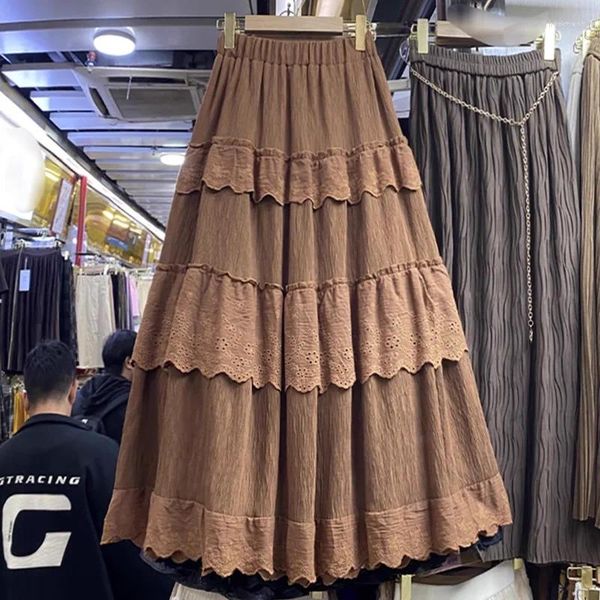 Saias doce lolita em camadas saia longa mulheres 2024 primavera japão estilo cintura alta renda retalhos maxi roupas femininas