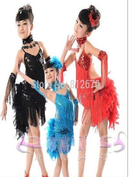 WholeNew Kinder Kinder Pailletten Feder Fringe Bühne Leistung Wettbewerb Ballroom Dance Kostüm Latin Dance Kleid Für Mädchen5624846