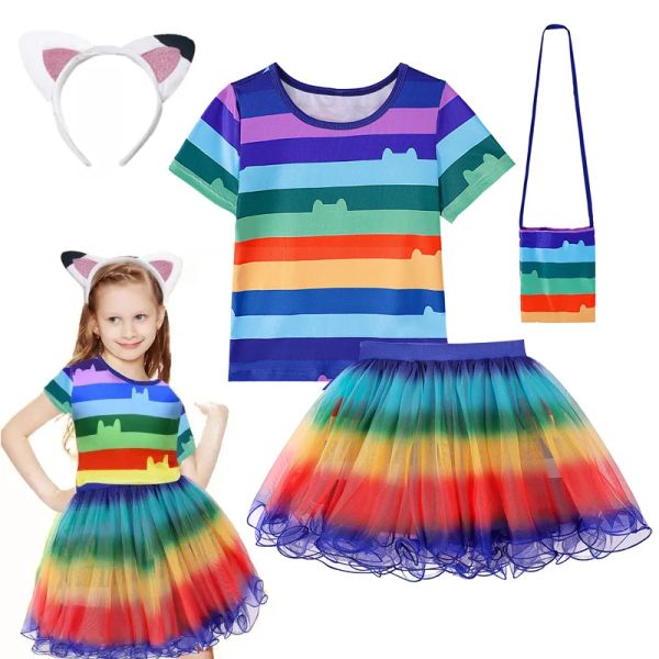 Costumi Bambini Gabby Dollhouse Cartoon Arcobaleno Maglietta + Gonna + Borsa Set Bambini Halloween Gabby Cats Costume Festa di compleanno Vestiti 410 anni