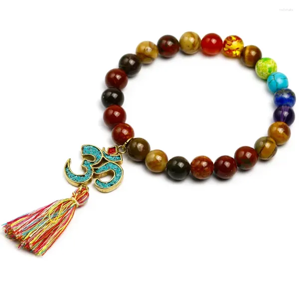 Charme pulseiras yoga 7 chakra om borlas pulseira tibetano buda cura oração mala jóias para mulheres homens