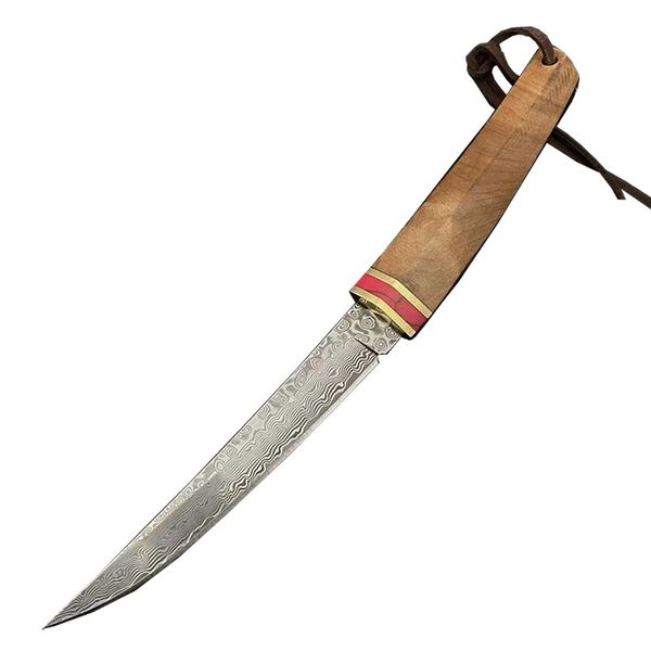 Coltello dritto A2286 di alta qualità VG10 Lama a punta affilata in acciaio di Damasco Manico in legno ombra Coltelli tattici a lama fissa per esterni con fodero in legno