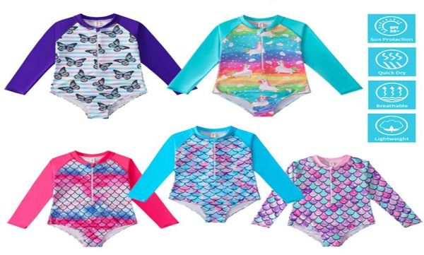 Crianças039s roupa de banho meninas sereia maiôs piscina do bebê beach wear crianças onepiece manga longa rash guard maiô sol prote9842485