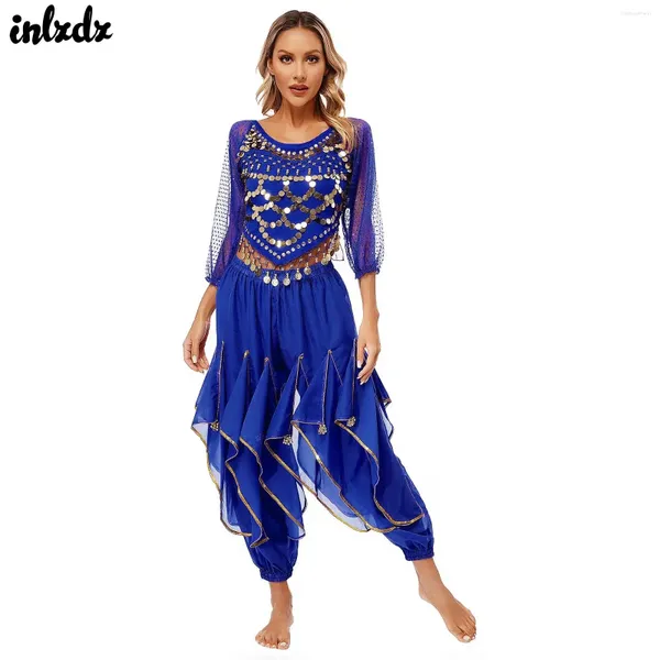 Stage Wear Womens Belly Dance Performance Outfit Traje Lantejoulas Manga Longa Chiffon Tops Auto-tie Voltar Irregular Hem Crop Top com Calças