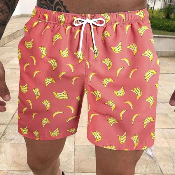 Shorts masculinos homens troncos de natação moda desenhos animados fruta impressão placa cordão duplo bolso havaiano praia férias swimwear