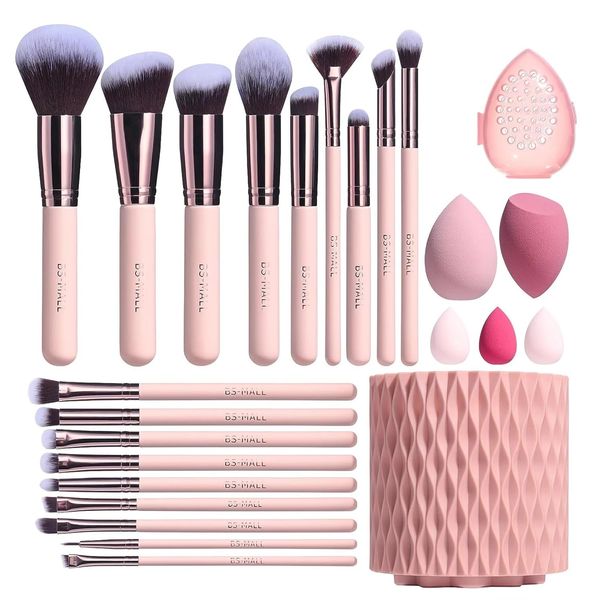 BS-MALL Make-up-Pinsel, Premium-Synthetik, für Foundation, Puder, Concealer, Lidschatten, 18-teiliges Pinselset mit 5 Schwammhaltern, Schwammetui (A-Pink)