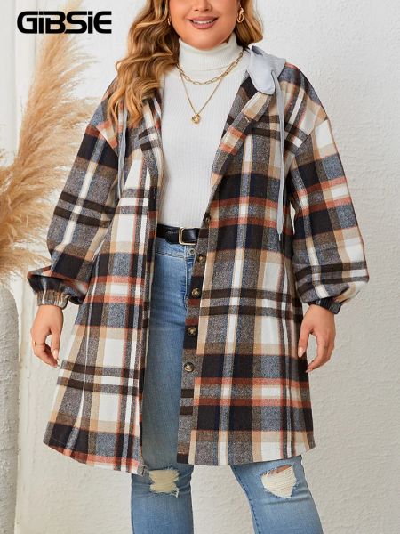 outwear GIBSIE Plus Größe Casual Wolle Mischung Lange Plaid Mantel Frauen 2023 Herbst Winter Kordelzug Kapuze Einreiher Tartan Jacke neue