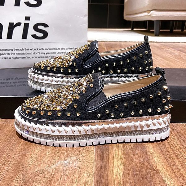 Plataforma mocassins mulher apartamentos sapatos de luxo bling strass costura rebite trendyol deslizamento-on descalço mulheres casuais meninas nuas real 240226