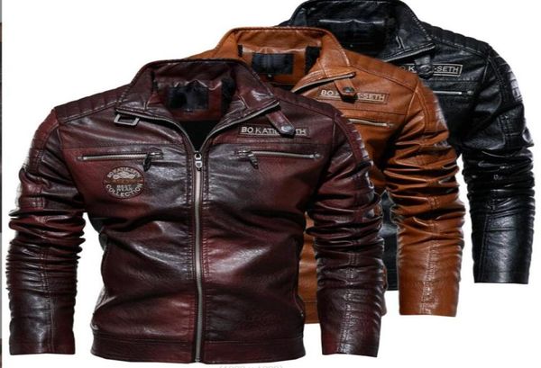 Jaqueta de couro pu masculina, jaqueta de couro sintético quente de inverno com gola alta para motocicleta corta-vento militar s3765250