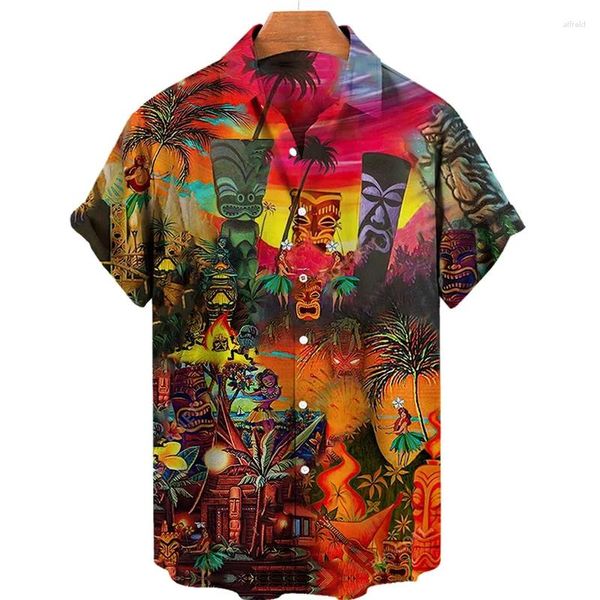 Mens Camisas Casuais Polinésia Tiki Blusas com Impressão 3D para Roupas Masculinas Estátua de Deus Gráfico Praia Hip Hop Havaiano Manga Curta Menino Y2k Botão