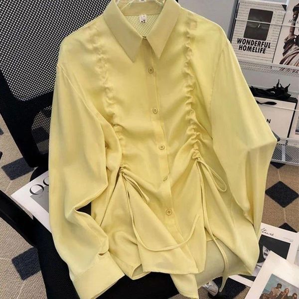 Blusas femininas Dayifun amarelo All-Match Blouse Loose Blouse feminina Camisa de cordão de empurring Spring outono coreano-deco