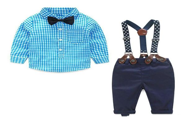 Одежда для мальчика весна новорожденная детская детская одежда детская одежда джентльменская костюма клетчатая рубашка для бабочки подвески подвесные брюки 2pcs6190628