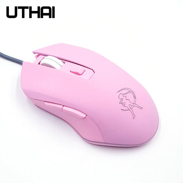 Ratos uthai db49 com fio luminoso rosa mouse 1600 (dpi) acessórios de computador periférico bonito menina jogo mouse