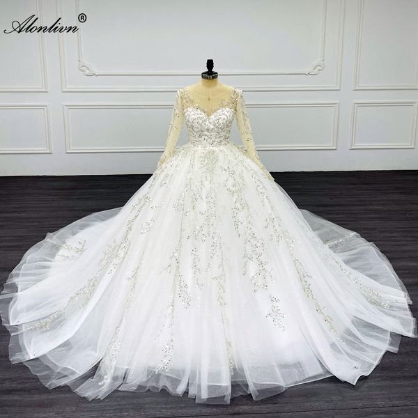 Alonlivn Abito da sposa a maniche lunghe di lusso con maniche lunghe Abito da sposa con perline Con paillettes Cappella strascico Illusion Scoop Abiti da sposa Può essere personalizzato