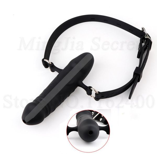 Silicone DoubleEnded Hollow Bocca aperta Gag Dildo Imbracatura orale Strap On Penis Plug BDSM Bondage Giocattoli erotici sexy per coppie4169618