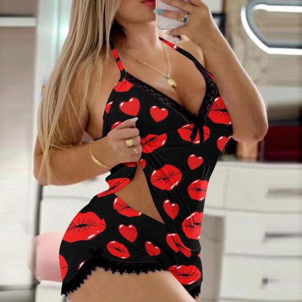 Damen-Nachtwäsche, Damen-Sexy-Pyjama, rote Lippen, bedruckt, Schlinge, Dessous, Hosenanzug, Nachthemd-Sets, Sommer-Spaghetti-Träger, Nachtwäsche, Komfort