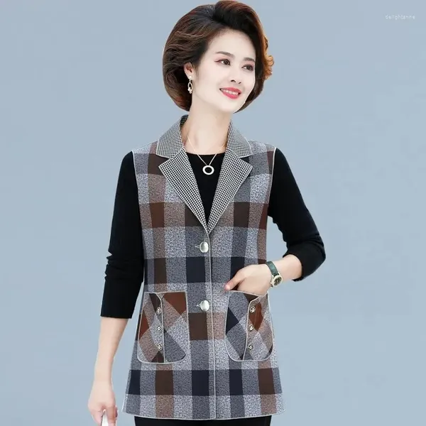 Gilet da donna 2024 Mamma Primavera Autunno Sottile Plaid Gilet Corto Giacca da donna Moda per il tempo libero Collare del vestito Cappotto monopetto femminile