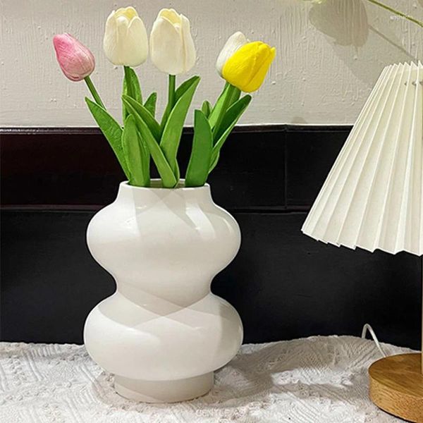 Vasen Kreative Kreis Keramik Vase Abstrakte Kunst Blumenarrangement Behälter Weiß Silber Hydroponische Raum Esszimmer Dekoration