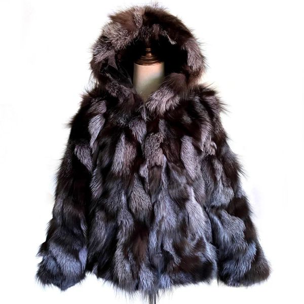 Vendita calda in pelliccia Donne Silver Fox Furce Giacca con cappuccio Lady Winter Warm 100%Natural Fox Fumo Volta Fandata Casualizza a manica lunga Coot