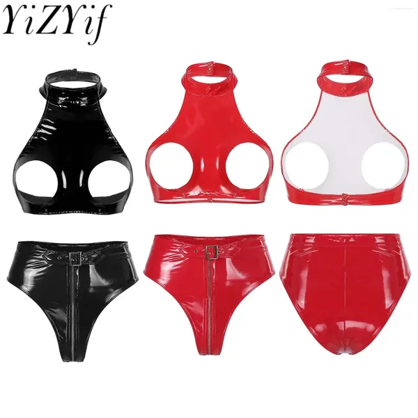 BHs Sets Damen Sexy Lackleder mit nacktem Oberkörper Dessous Anzug Unterwäsche offene Cups BH Tops mit Schritt Slips Höschen Nachtwäsche