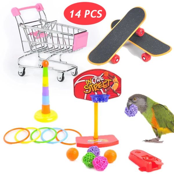 Brinquedos 14 pçs conjunto pássaro brinquedo gaiola conjunto papagaio quebra-cabeça basquete carrinho de compras brinquedo interativo engraçado budgies suprimentos cockatiel acessórios