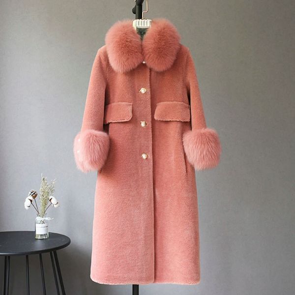 Pele furshehe outono casaco de lã feminino jaqueta de inverno 100% lã natural gola de pele de raposa punhos moda quente outerwear senhoras casaco