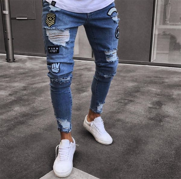 2018 Moda Uomo Jeans skinny strappati slim fit Denim elasticizzato Distress Jeans sfilacciati Ragazzi Disegni ricamati Pantaloni a matita2449637