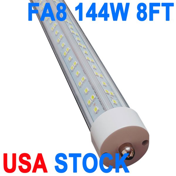 Luz de tubo LED T8 T10/T12 8FT, base FA8 de pino único, 144W 6500K branco luz do dia, lâmpada fluorescente LED em forma de V de 270 graus (equiv. 300W), tampa transparente, potência de extremidade dupla crestech