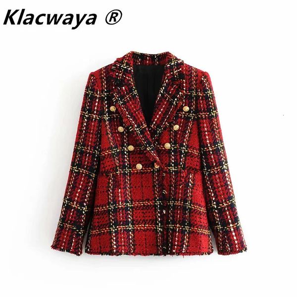 Твидовые женские красные клетчатые пиджаки, зимние модные винтажные куртки, женские лоскутные пиджаки, пальто для девочек, шикарный наряд, одежда 240226